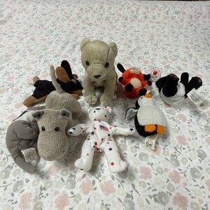 8 Total Small Stuffed Animals - Beanie Bears, Hippo, Dogs, Penguin - see pix